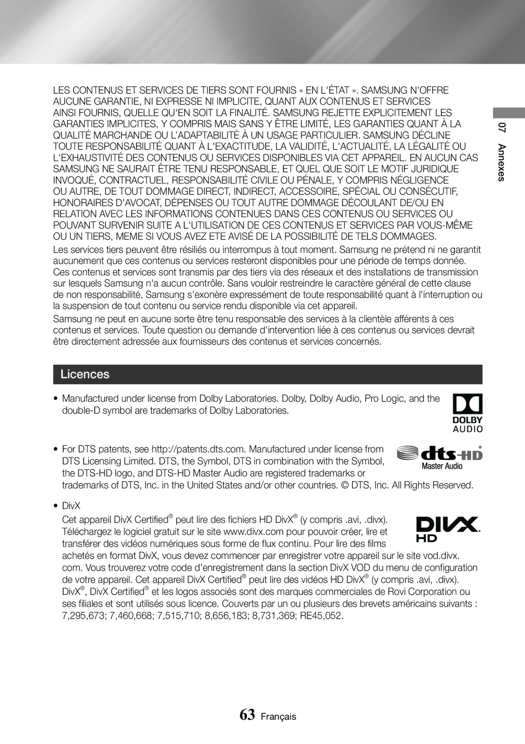 Samsung UBD-M9500/ZF manual Licences, DivX 