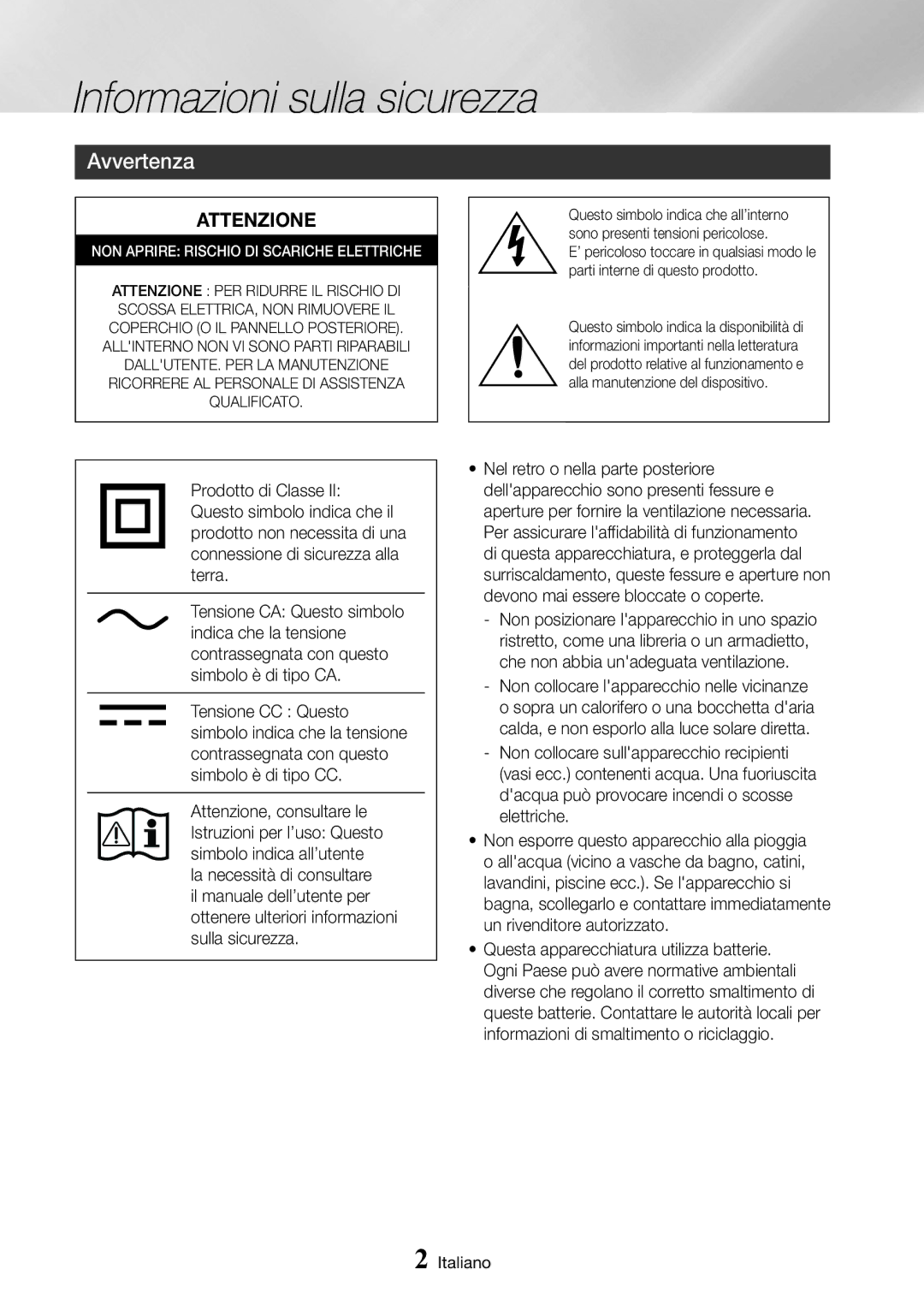 Samsung UBD-M9500/ZF manual Informazioni sulla sicurezza, Avvertenza 