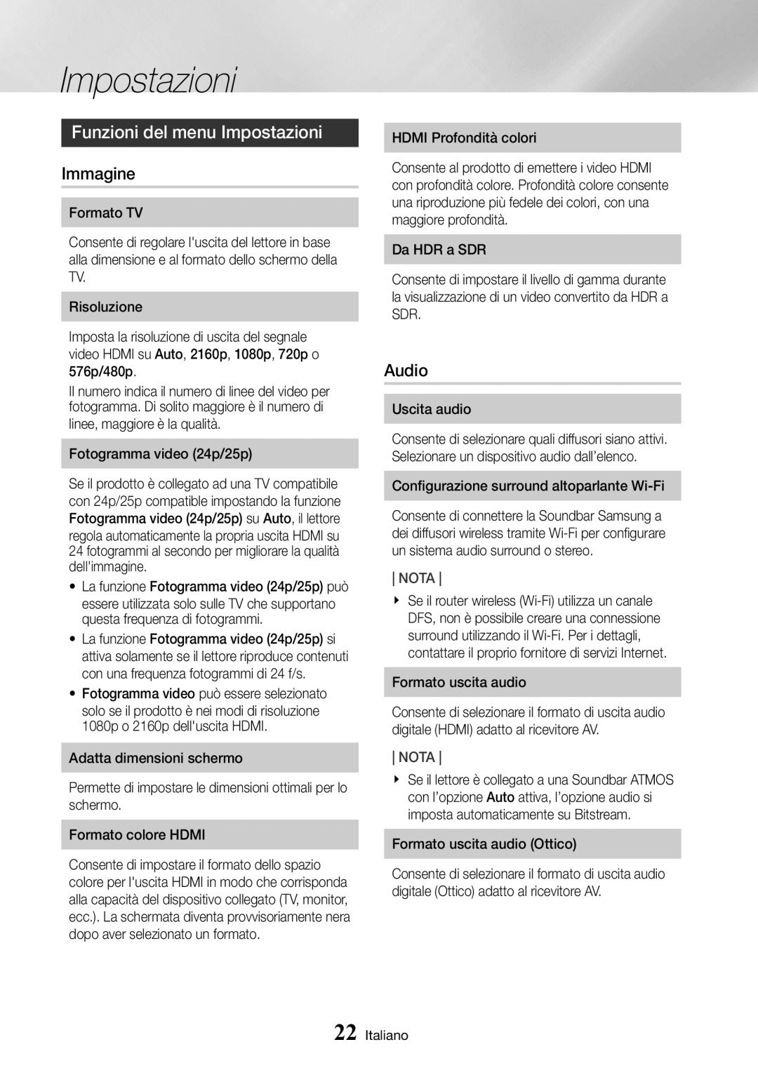 Samsung UBD-M9500/ZF manual Funzioni del menu Impostazioni, Immagine, Audio 