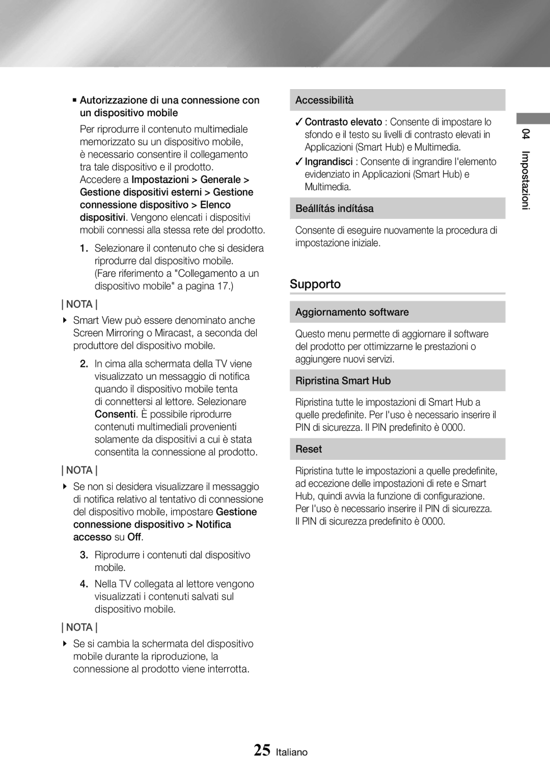 Samsung UBD-M9500/ZF manual Supporto, Accessibilità, Reset 