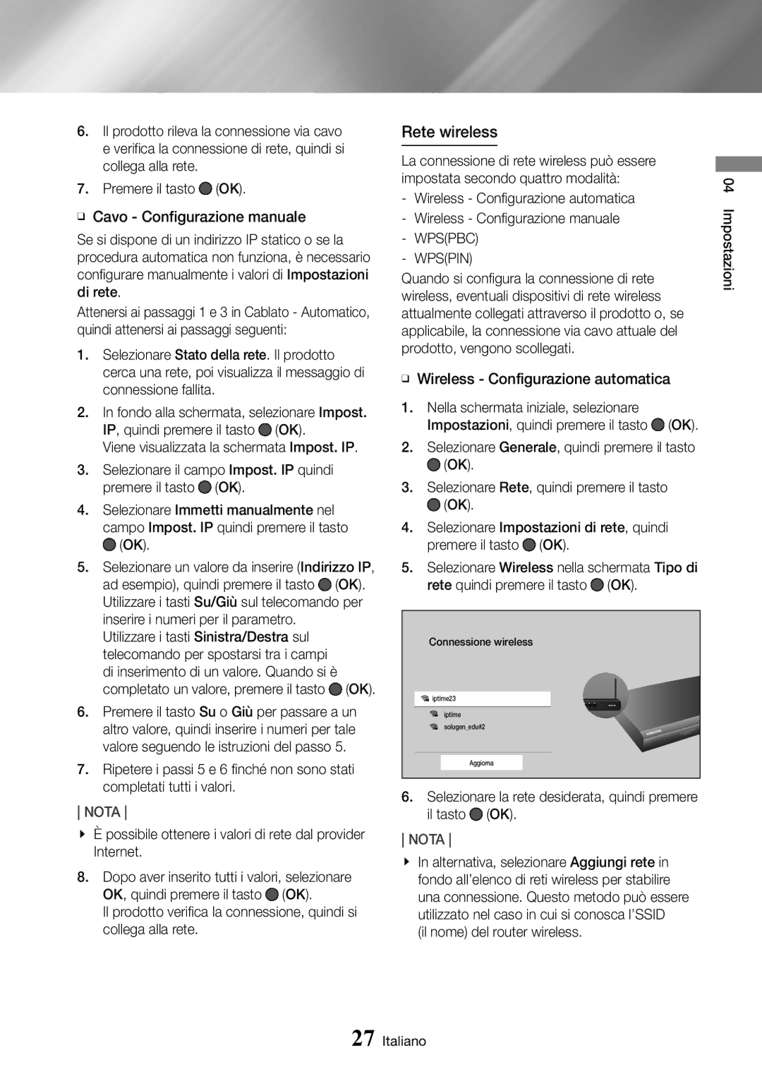 Samsung UBD-M9500/ZF manual Rete wireless, Wpspin, ĞĞ Wireless Configurazione automatica, Il nome del router wireless 