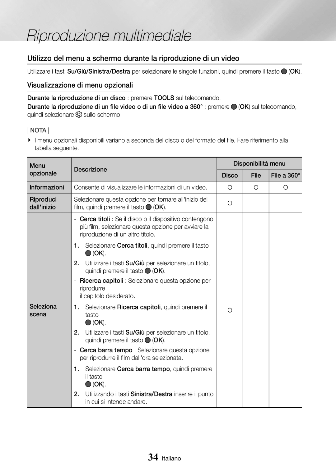 Samsung UBD-M9500/ZF manual Visualizzazione di menu opzionali 