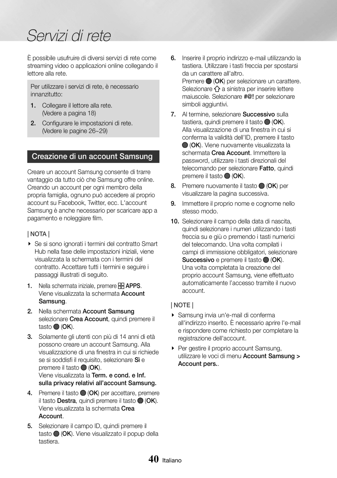 Samsung UBD-M9500/ZF manual Servizi di rete, Creazione di un account Samsung, Schermata Crea Account. Immettere la 