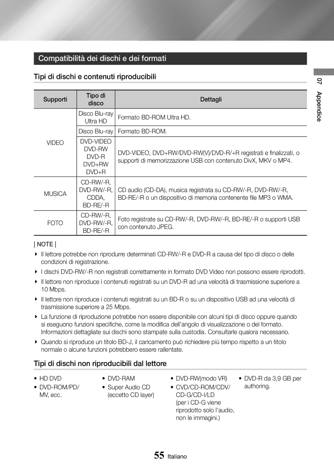 Samsung UBD-M9500/ZF manual Compatibilità dei dischi e dei formati, Tipi di dischi e contenuti riproducibili 