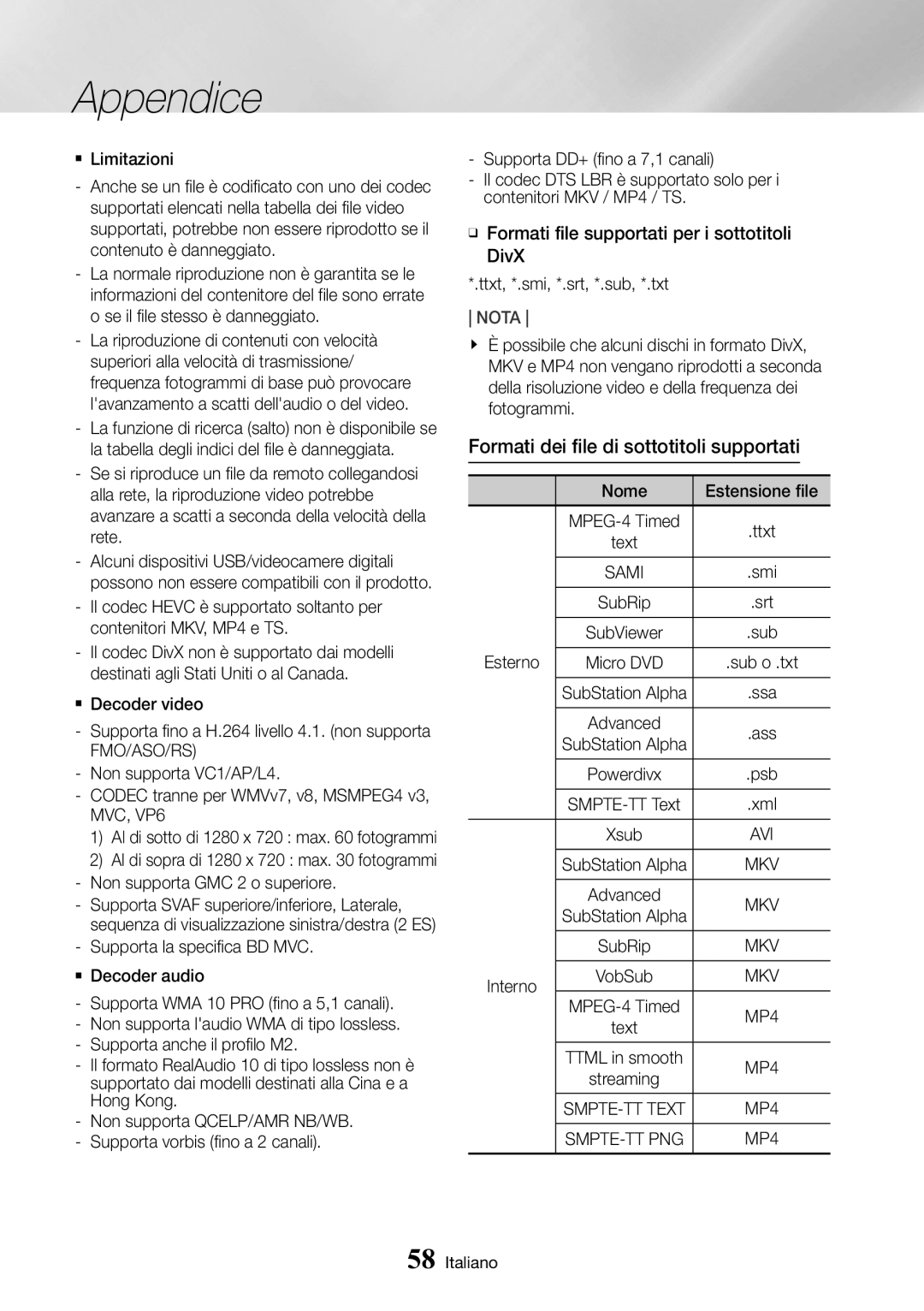 Samsung UBD-M9500/ZF Formati dei file di sottotitoli supportati, Supporta la specifica BD MVC. `` Decoder audio, Nome 