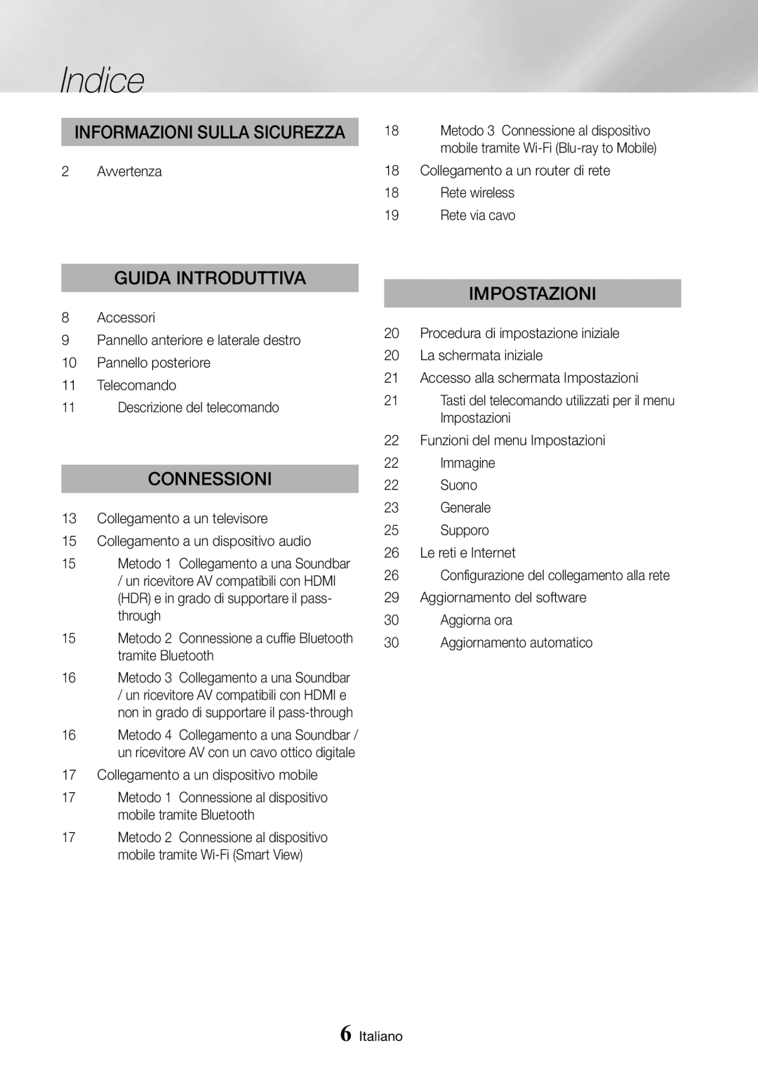 Samsung UBD-M9500/ZF manual Indice, Avvertenza, Collegamento a un dispositivo mobile 