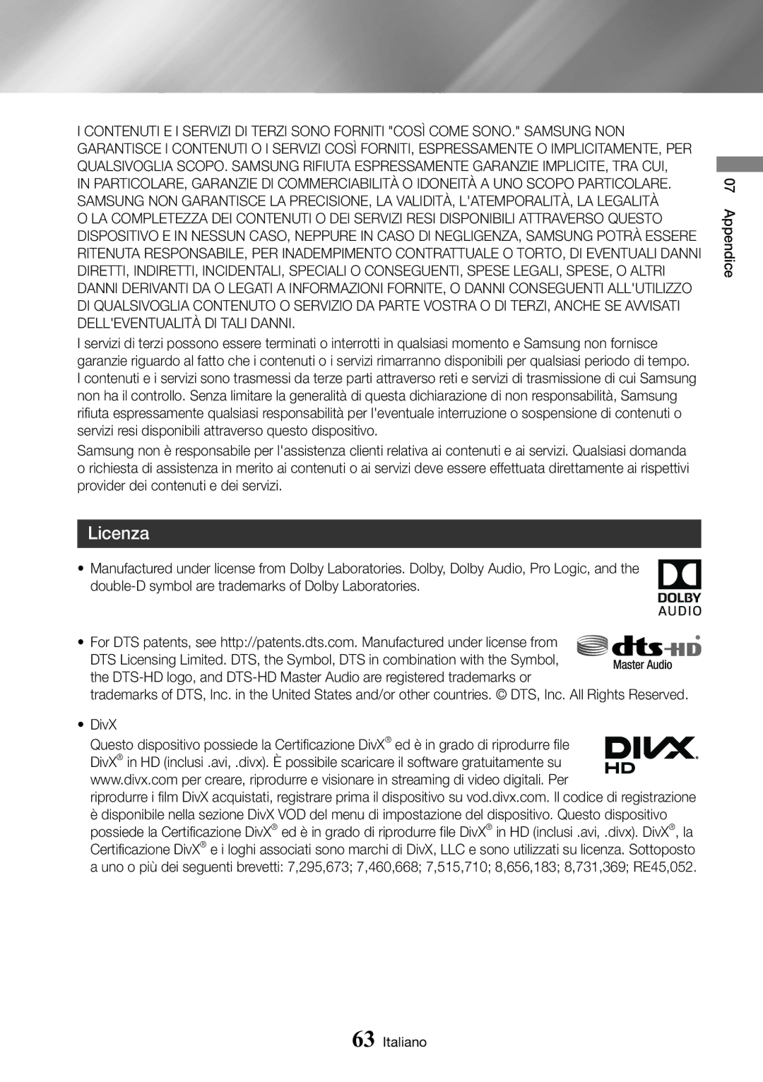 Samsung UBD-M9500/ZF manual Licenza, DivX 