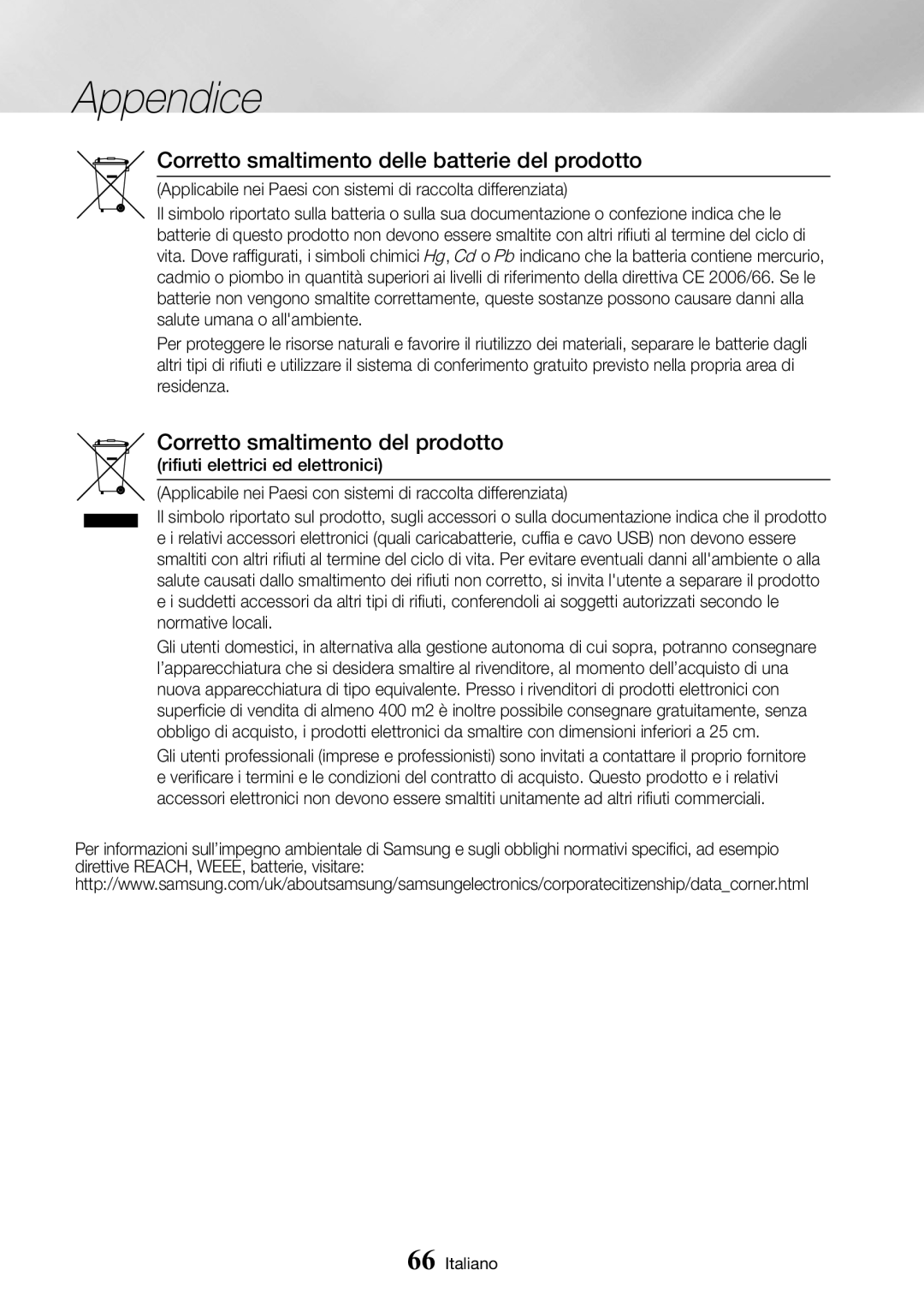 Samsung UBD-M9500/ZF manual Corretto smaltimento delle batterie del prodotto, Corretto smaltimento del prodotto 