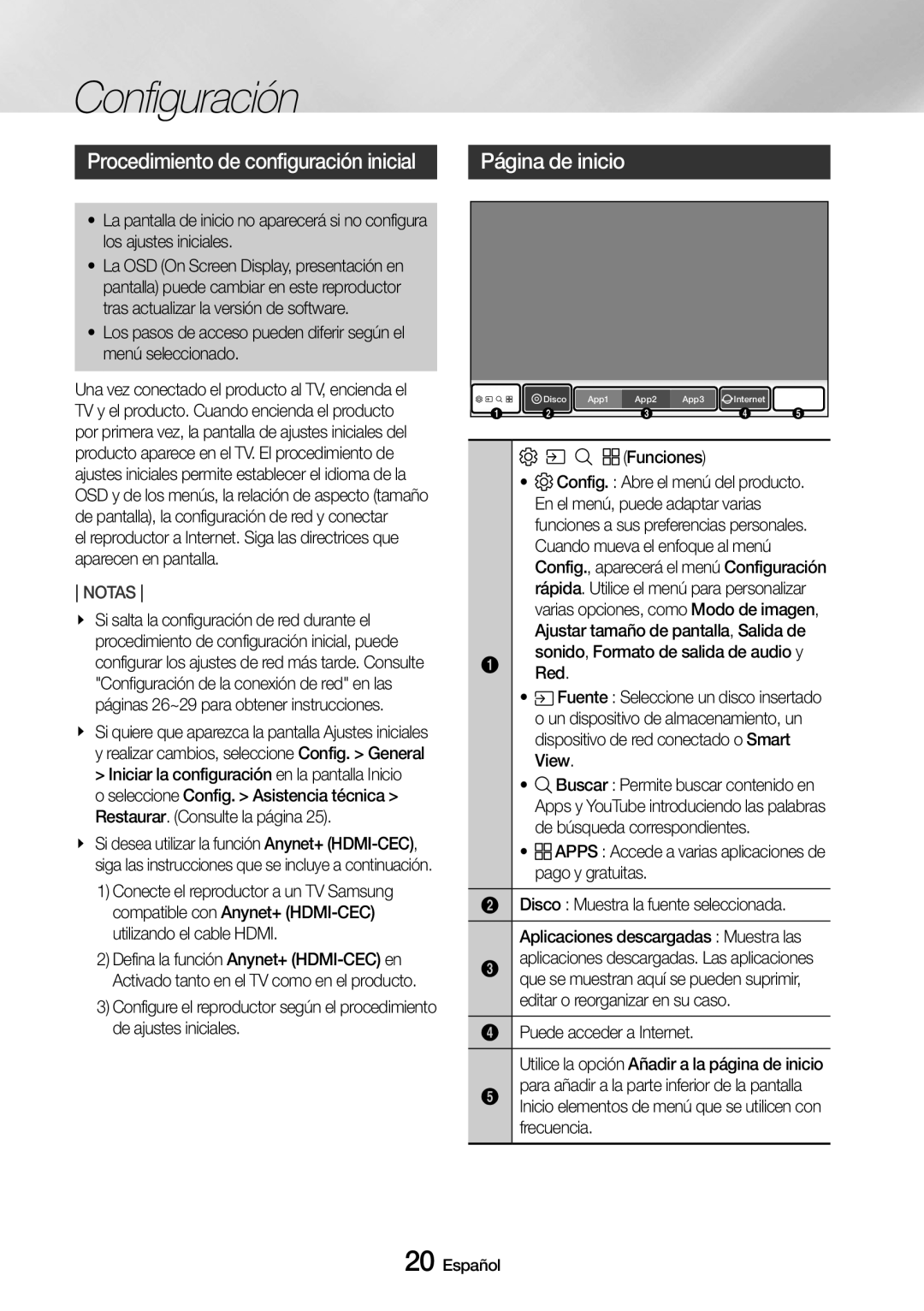 Samsung UBD-M9500/ZF manual Configuración, Procedimiento de configuración inicial, Página de inicio 