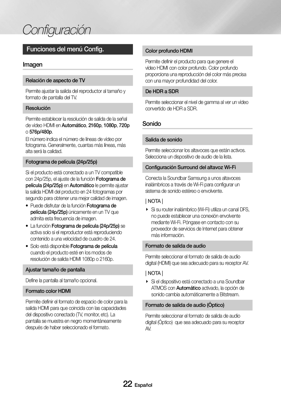 Samsung UBD-M9500/ZF manual Funciones del menú Config, Imagen, Sonido 