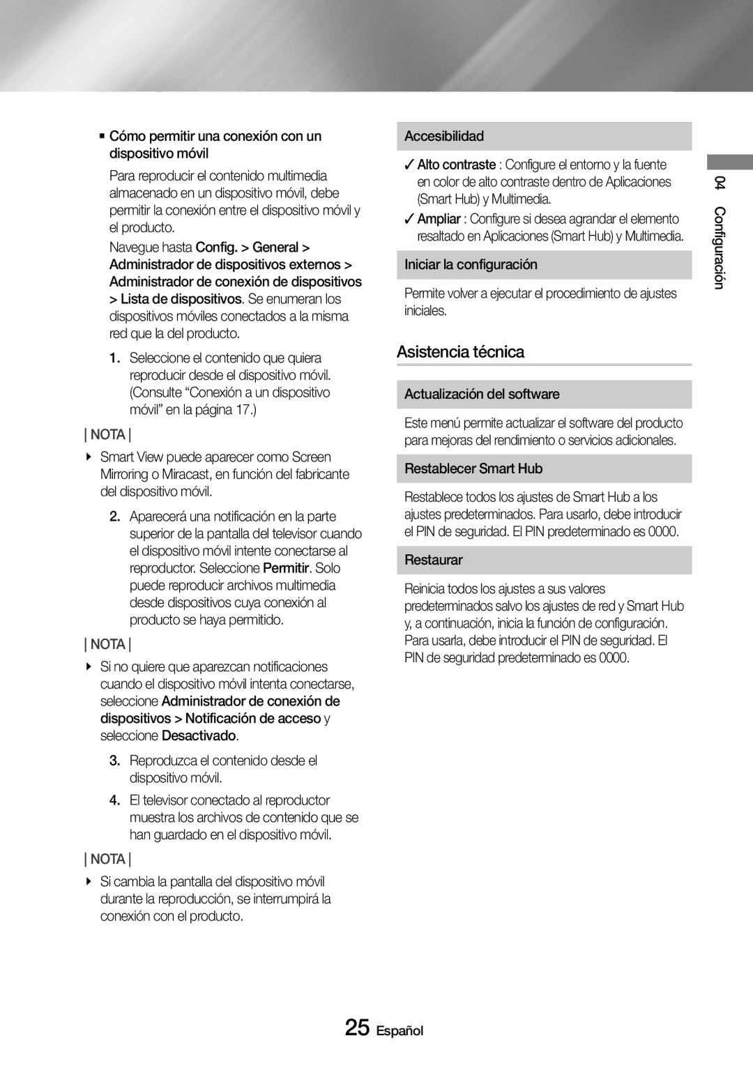 Samsung UBD-M9500/ZF manual Asistencia técnica, Reproduzca el contenido desde el dispositivo móvil, Accesibilidad 