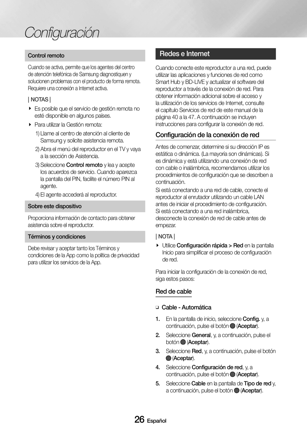 Samsung UBD-M9500/ZF manual Redes e Internet, Configuración de la conexión de red, Red de cable 