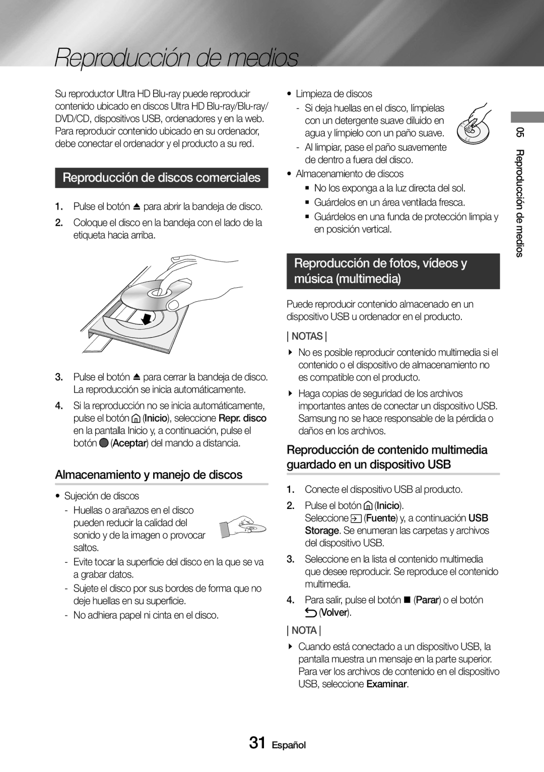 Samsung UBD-M9500/ZF manual Reproducción de medios, Reproducción de discos comerciales, Almacenamiento y manejo de discos 