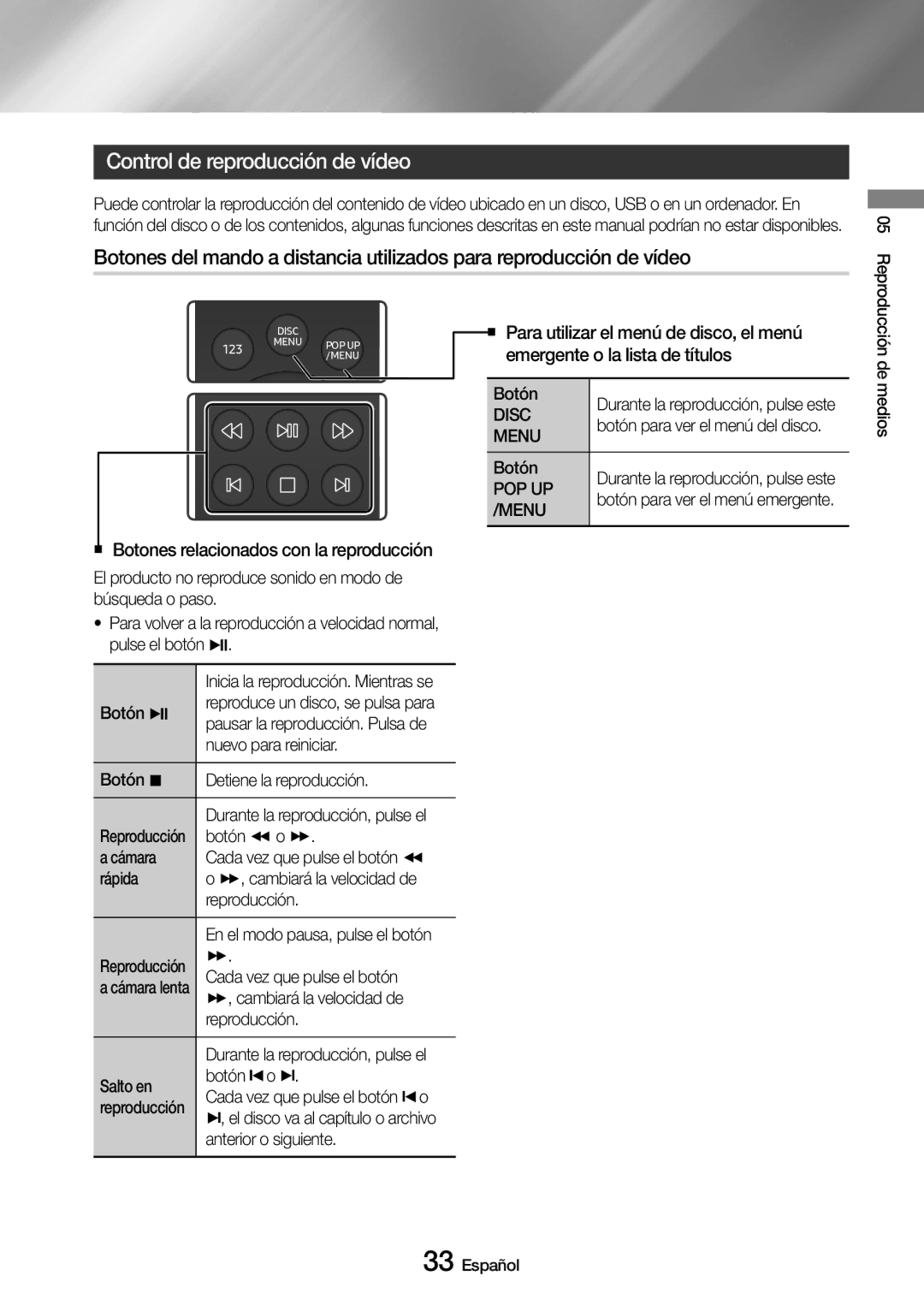 Samsung UBD-M9500/ZF manual Control de reproducción de vídeo, Disc, Menu, Pop Up 