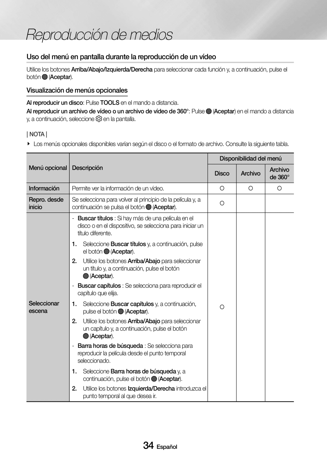 Samsung UBD-M9500/ZF manual Visualización de menús opcionales 