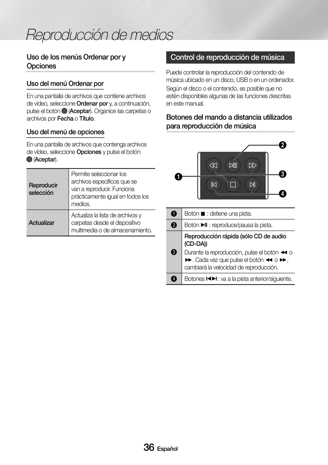 Samsung UBD-M9500/ZF Uso de los menús Ordenar por y Opciones, Control de reproducción de música, Uso del menú Ordenar por 