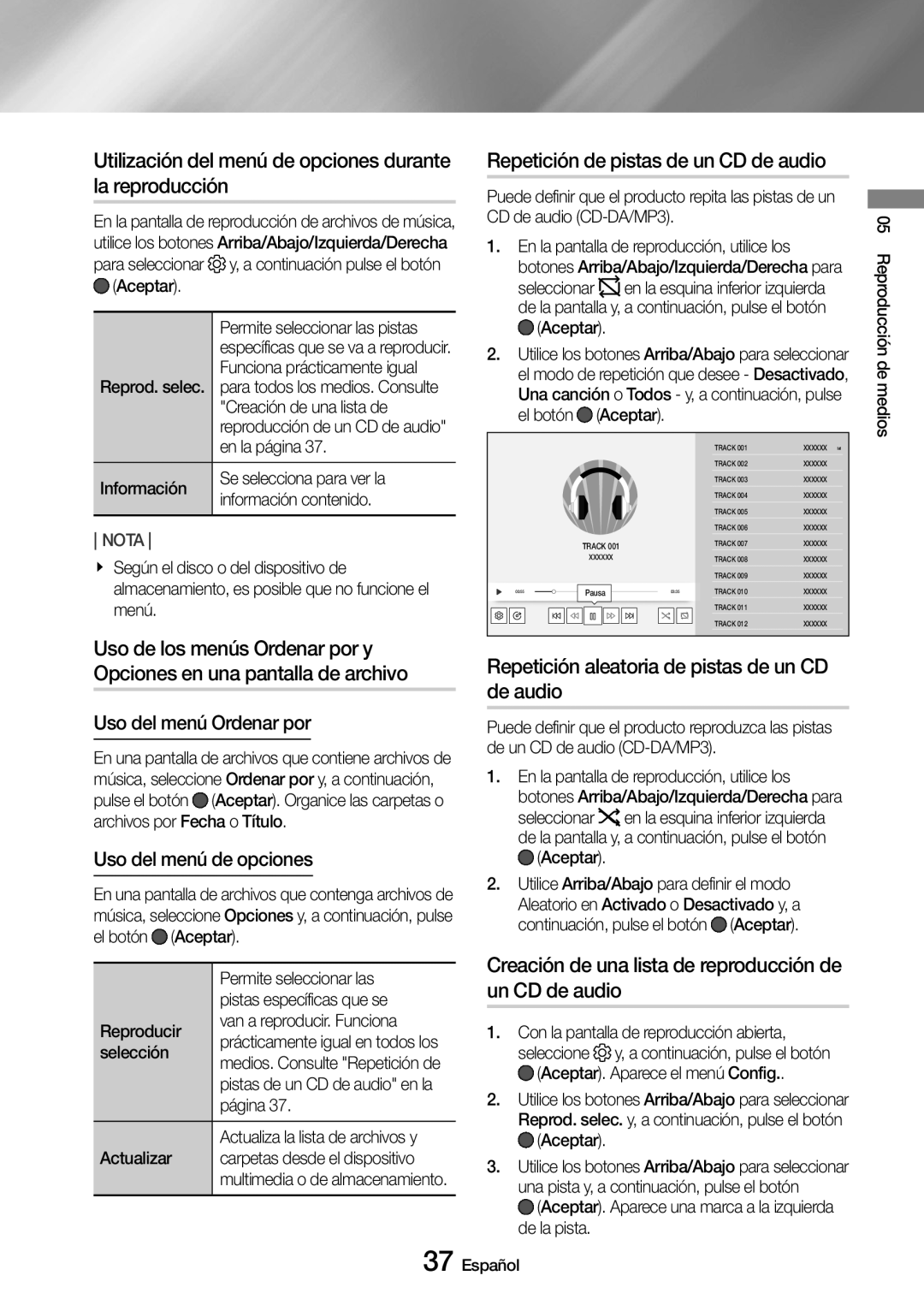 Samsung UBD-M9500/ZF Utilización del menú de opciones durante la reproducción, Repetición de pistas de un CD de audio 