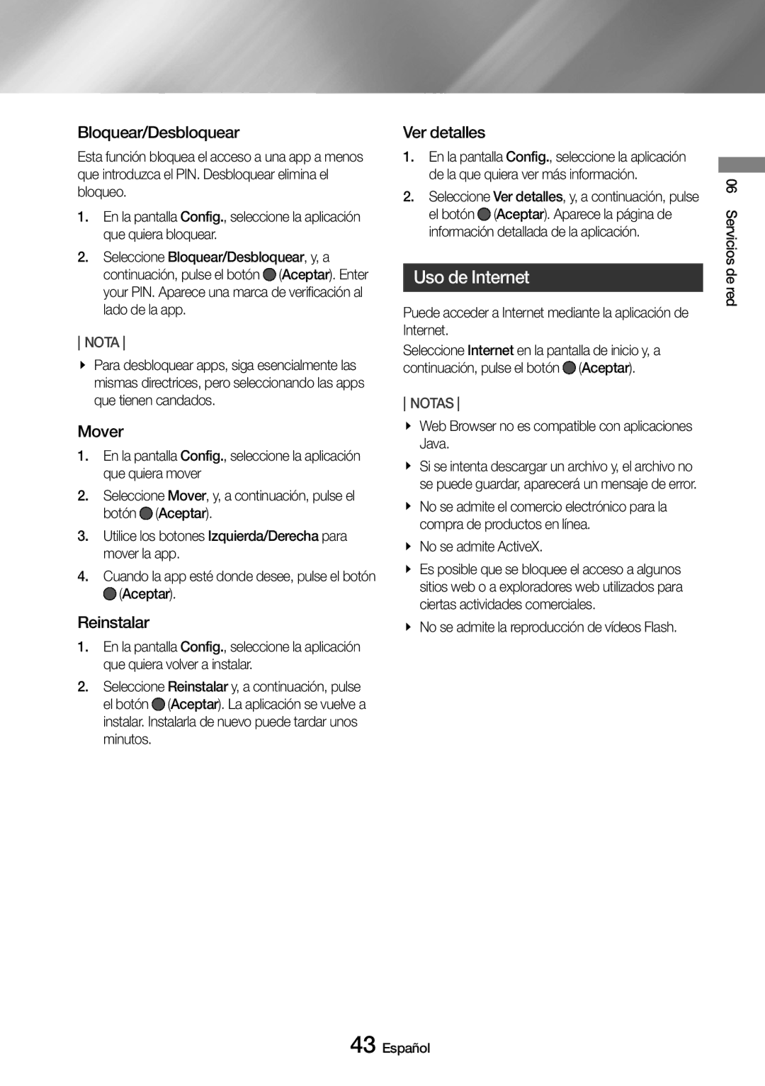 Samsung UBD-M9500/ZF manual Uso de Internet, Bloquear/Desbloquear, Mover, Reinstalar, Ver detalles 