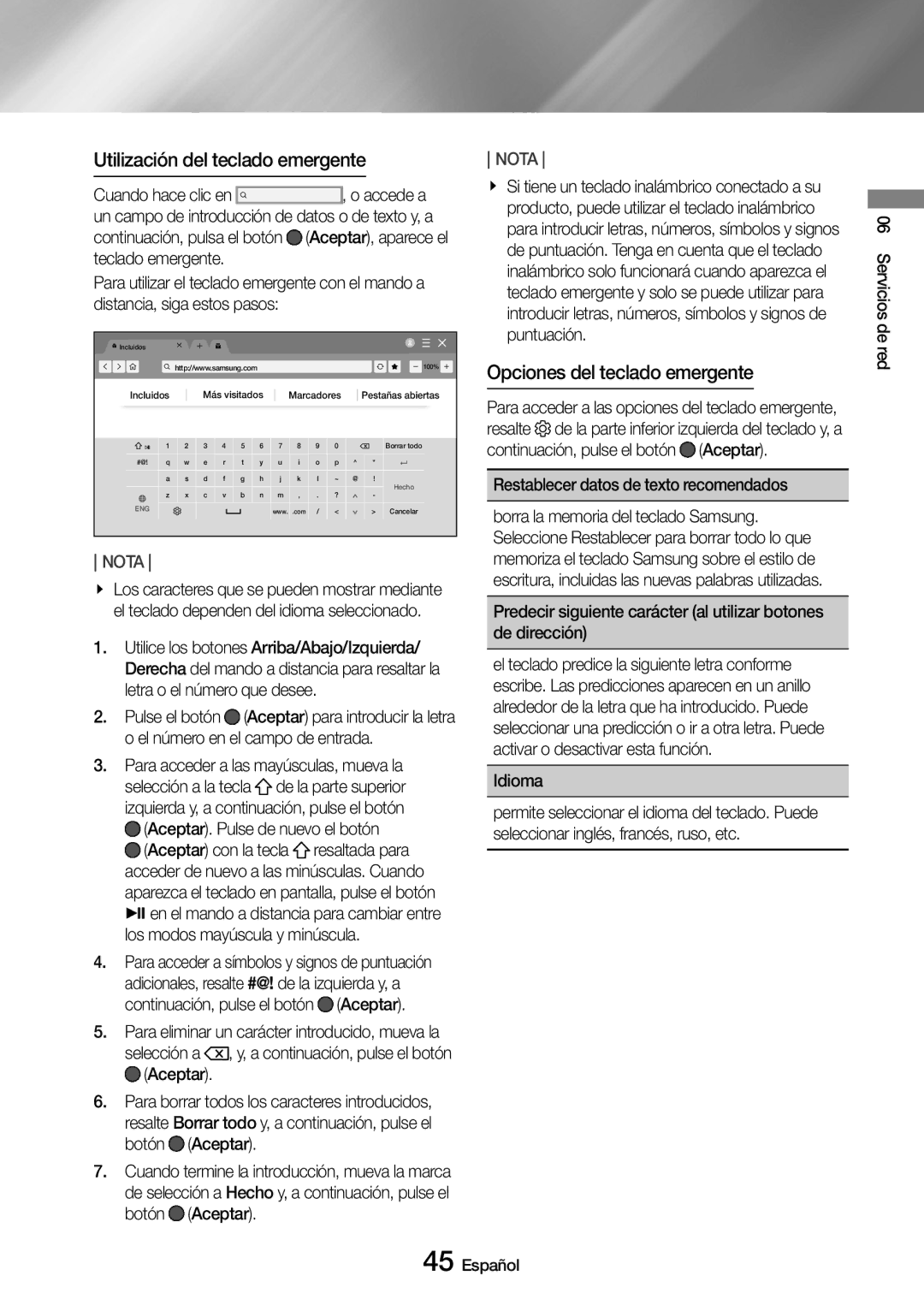 Samsung UBD-M9500/ZF manual Utilización del teclado emergente, Opciones del teclado emergente 