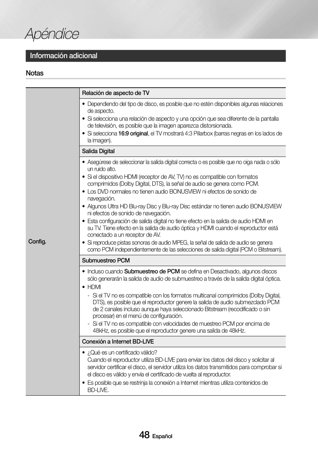 Samsung UBD-M9500/ZF manual Apéndice, Información adicional, Notas, Hdmi 