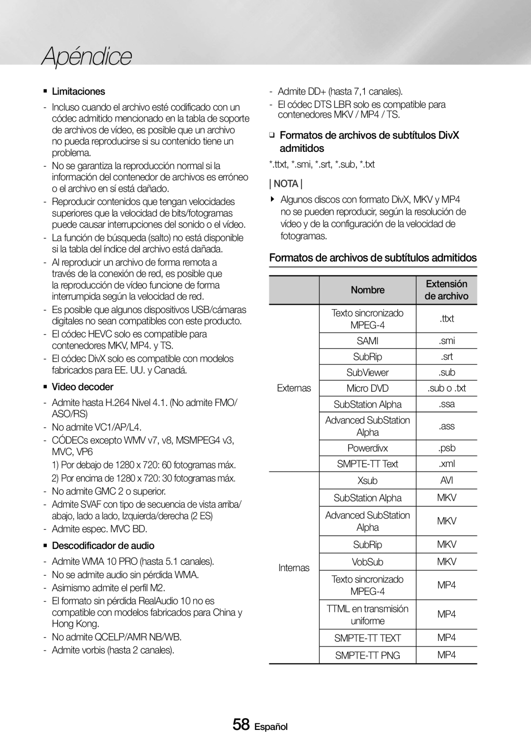 Samsung UBD-M9500/ZF manual Formatos de archivos de subtítulos admitidos, `` Limitaciones, Externas, Internas 