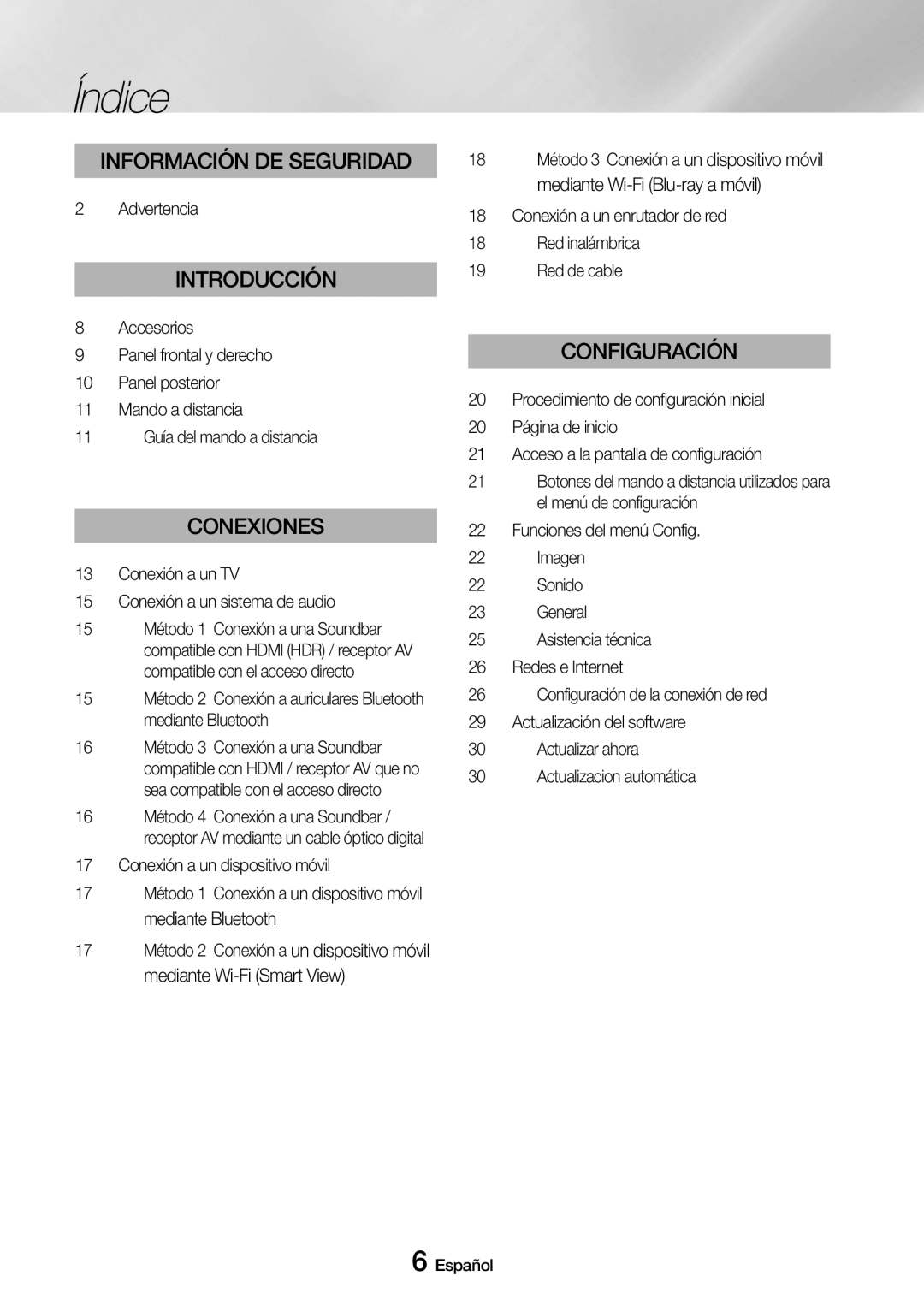 Samsung UBD-M9500/ZF manual Índice, Advertencia, Conexión a un TV Conexión a un sistema de audio 