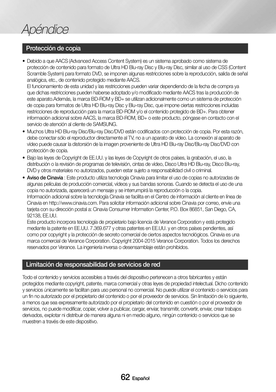 Samsung UBD-M9500/ZF manual Protección de copia, Limitación de responsabilidad de servicios de red 