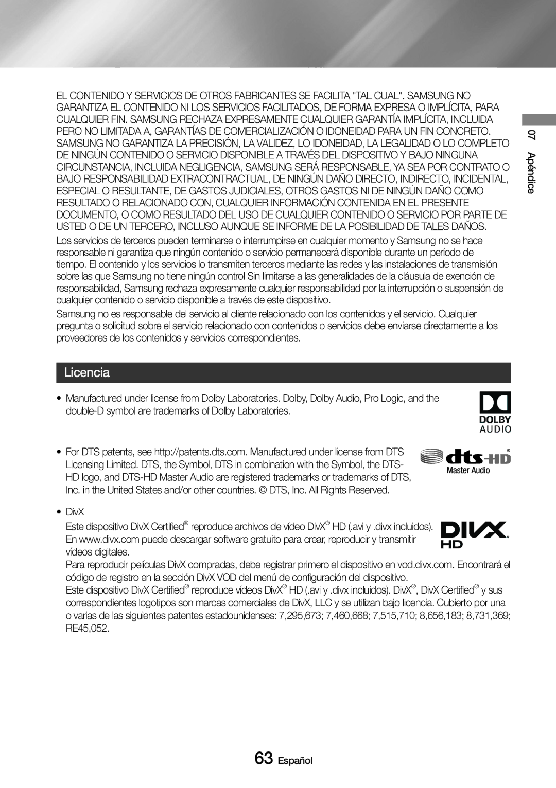 Samsung UBD-M9500/ZF manual Licencia, DivX 