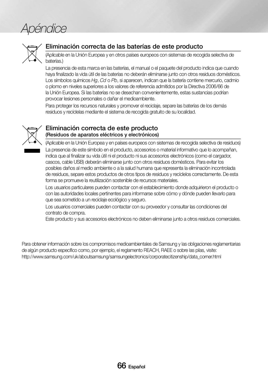 Samsung UBD-M9500/ZF manual Eliminación correcta de las baterías de este producto 