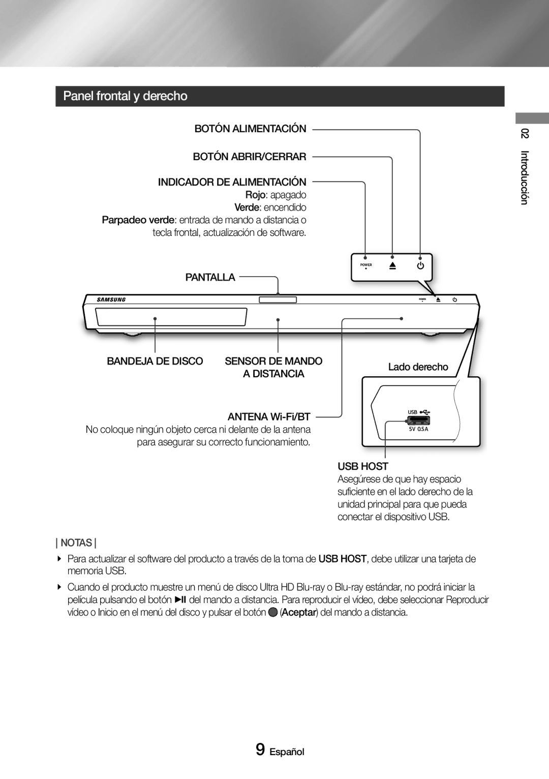 Samsung UBD-M9500/ZF manual Panel frontal y derecho, Rojo apagado Verde encendido, Pantalla, USB Host 