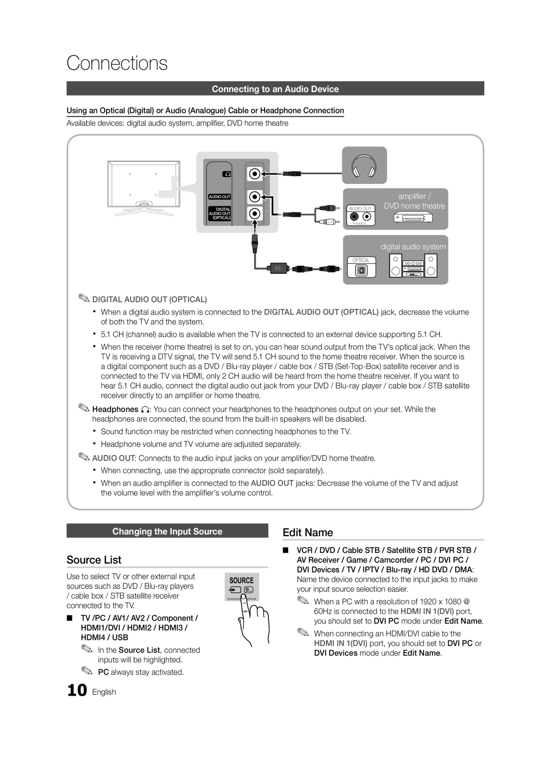 Samsung UC7000 user manual Source List, Edit Name, Connecting to an Audio Device, Changing the Input Source 