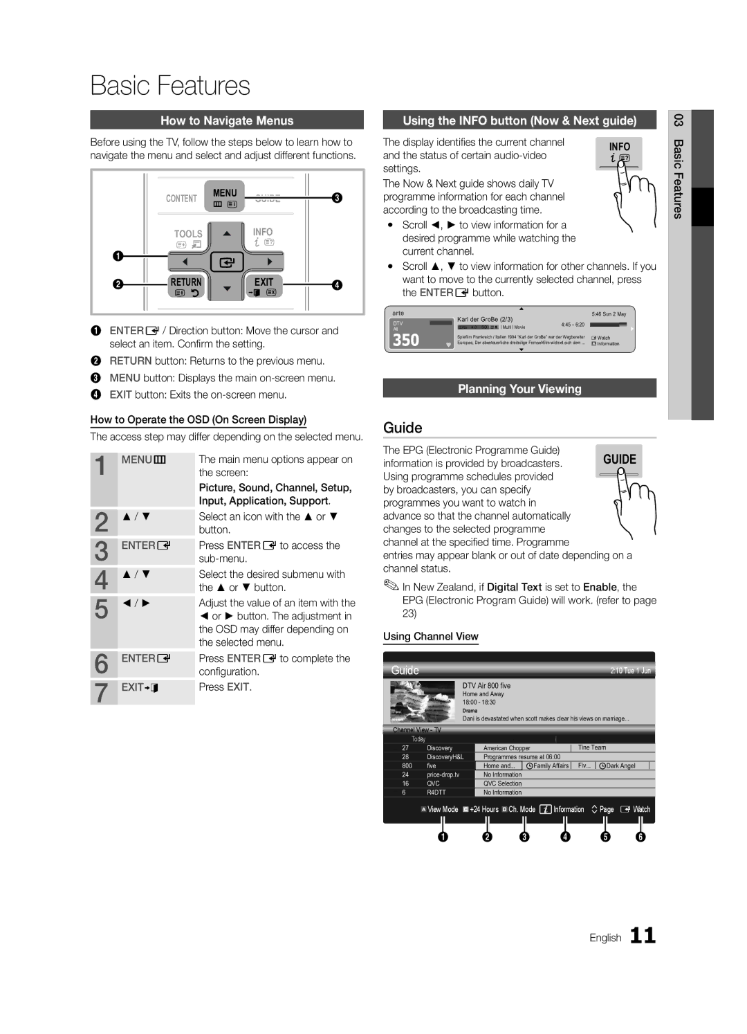 Samsung UC7000 user manual Guide, How to Navigate Menus, Using the Info button Now & Next guide, Planning Your Viewing 