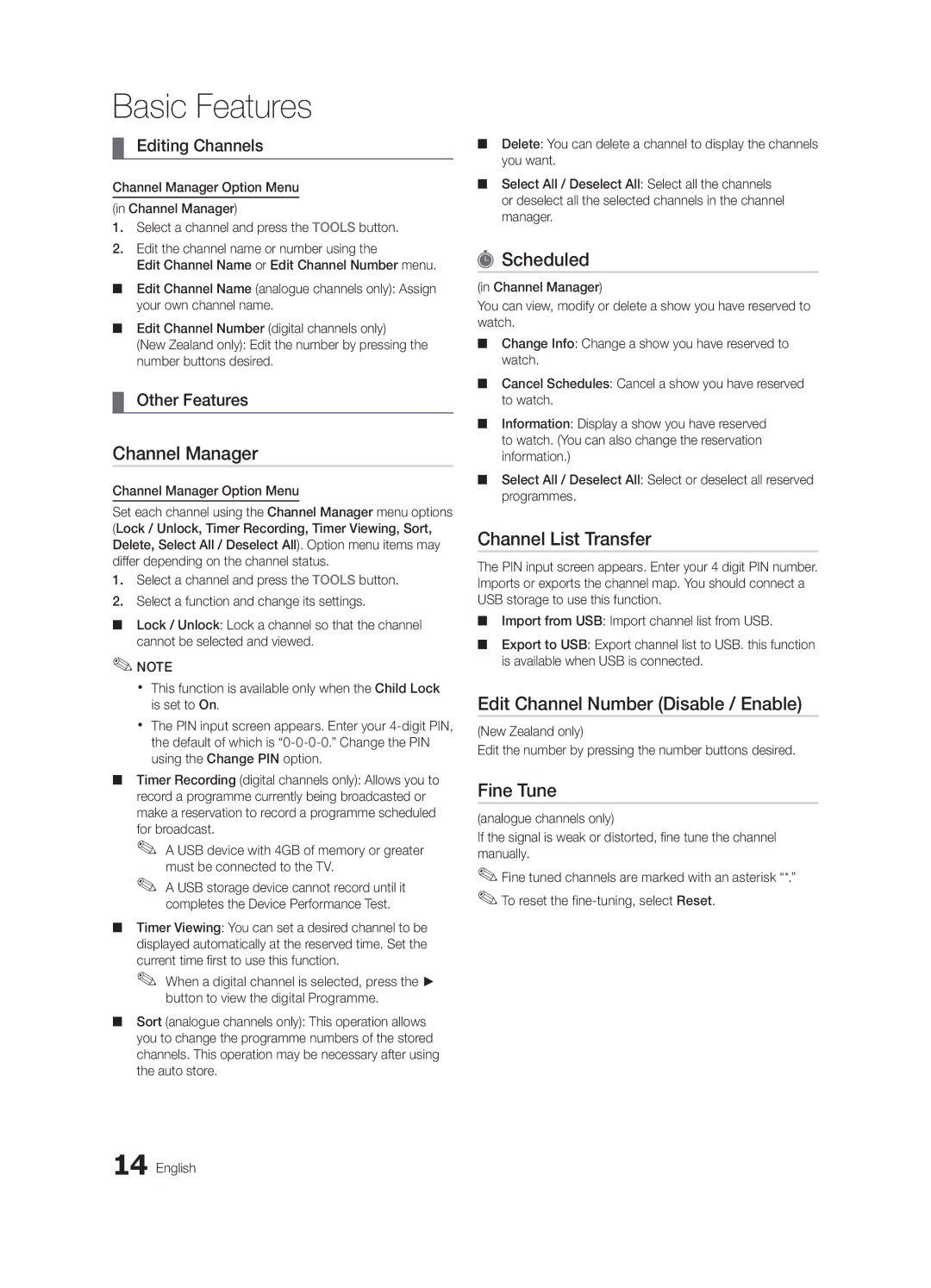 Samsung UC7000 user manual Scheduled, Channel List Transfer, Edit Channel Number Disable / Enable, Fine Tune 