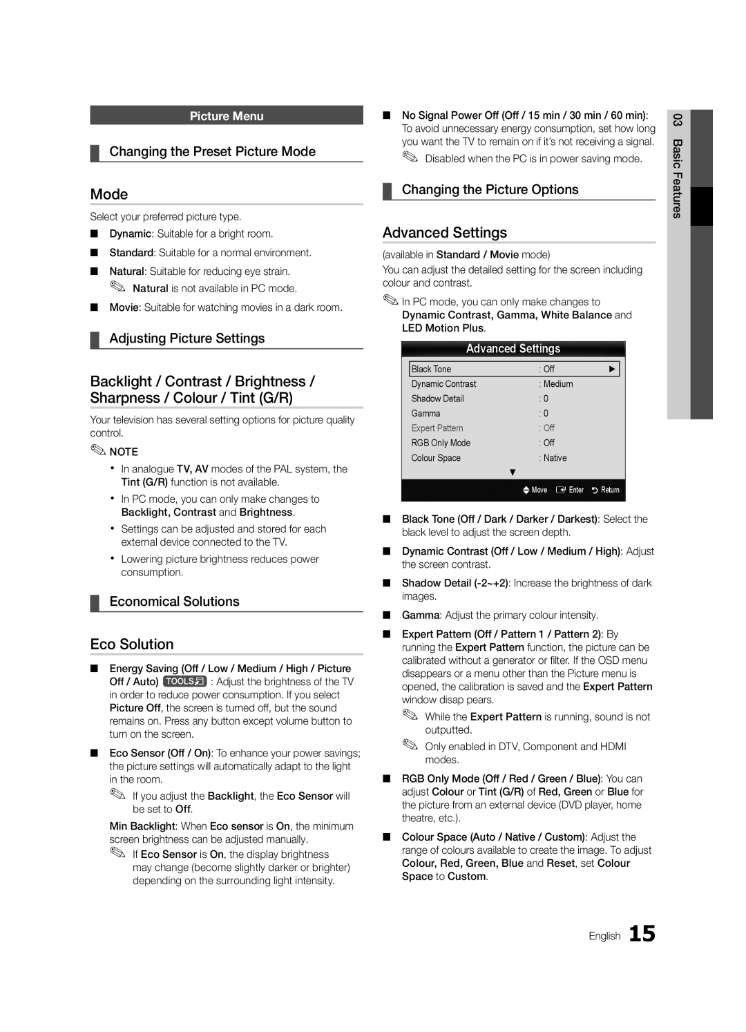 Samsung UC7000 user manual Mode, Eco Solution, Advanced Settings 