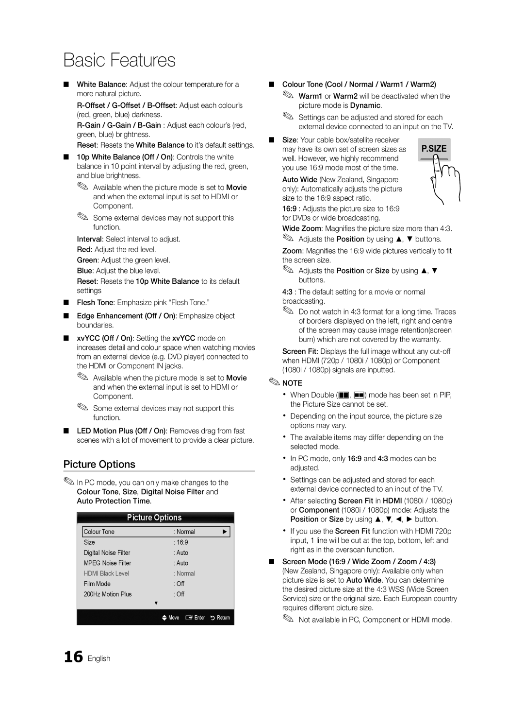 Samsung UC7000 user manual Picture Options, Size Your cable box/satellite receiver, Size to the 169 aspect ratio 