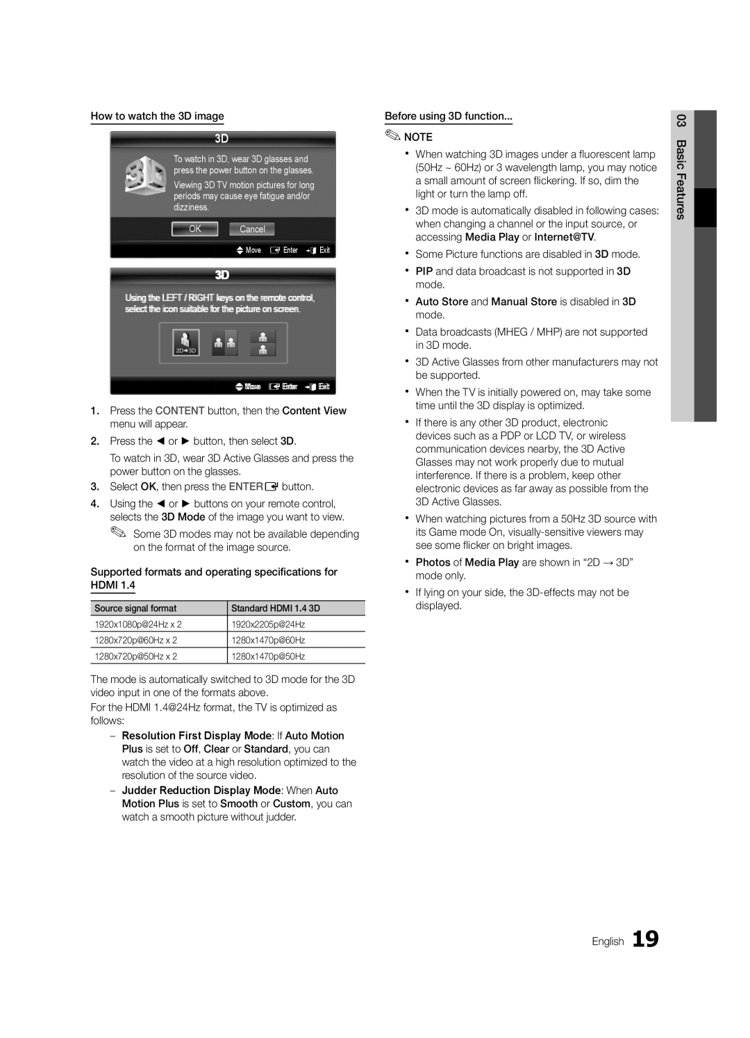 Samsung UC7000 user manual How to watch the 3D image, UMove E Enter e Exit 