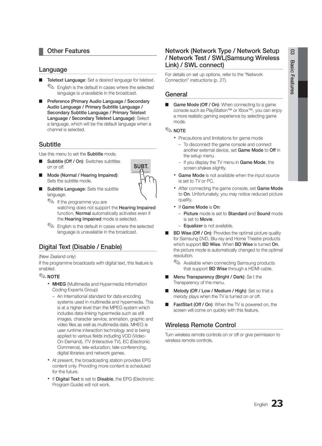 Samsung UC7000 Other Features Language, Subtitle, Digital Text Disable / Enable, General, Wireless Remote Control 