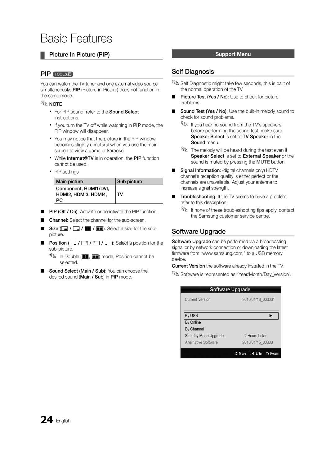 Samsung UC7000 user manual PIP t, Self Diagnosis, Software Upgrade, Support Menu 