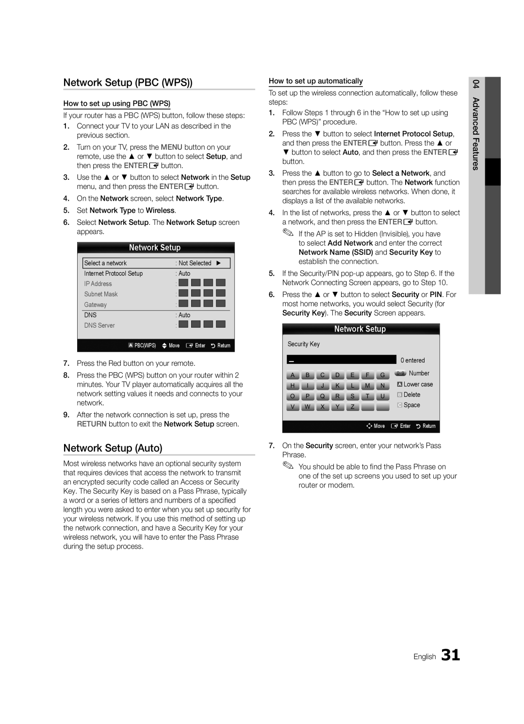 Samsung UC7000 user manual Network Setup PBC WPS, Security Key Entered ~9 Number, Delete 