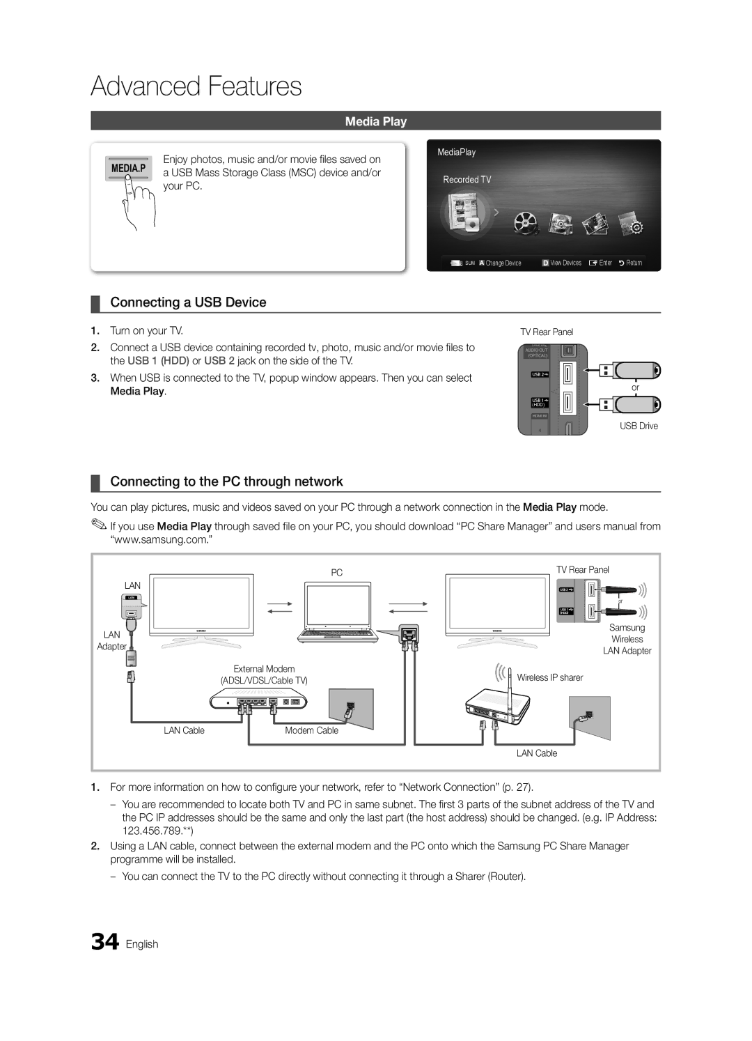 Samsung UC7000 user manual Connecting a USB Device, Connecting to the PC through network, Media Play, Your PC, USB Drive 