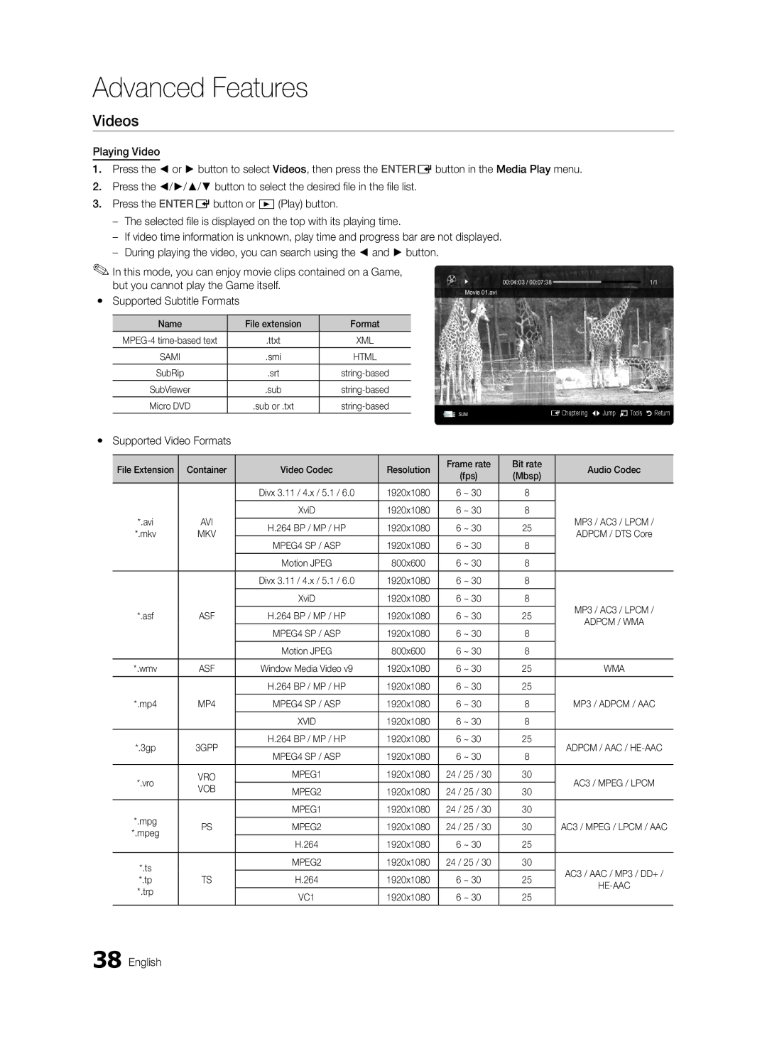 Samsung UC7000 user manual Videos, Yy Supported Video Formats, Name File extension Format, Mbsp 