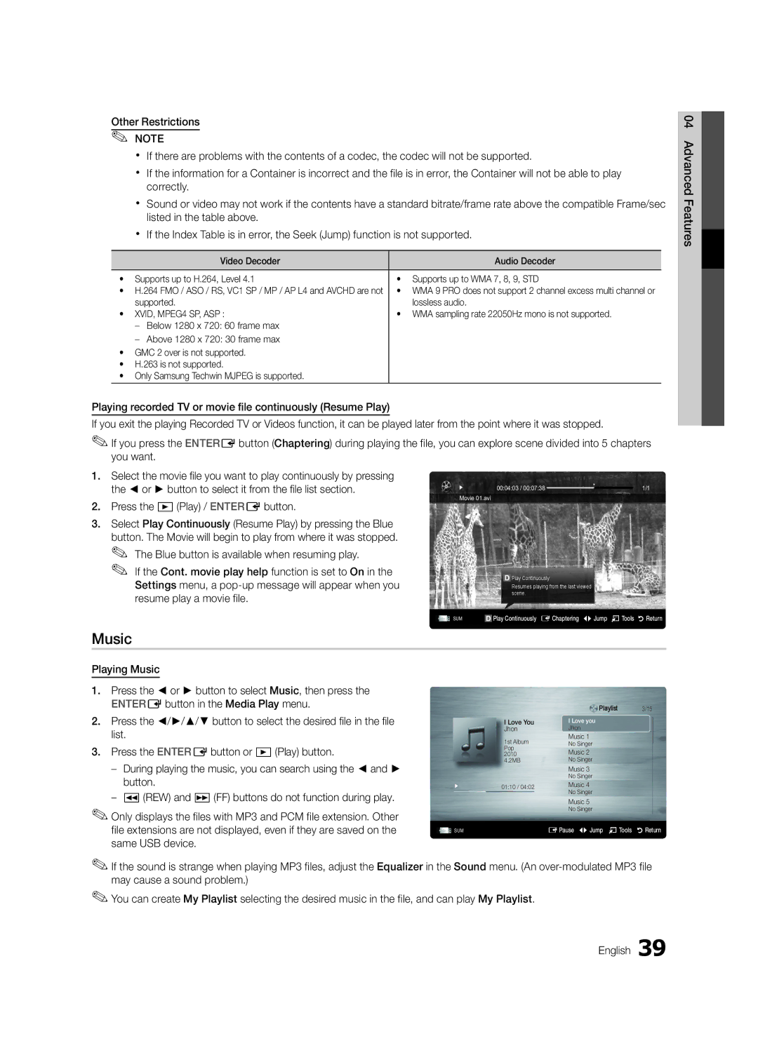 Samsung UC7000 user manual Music, Press the /// button to select the desired file in the file, Button 