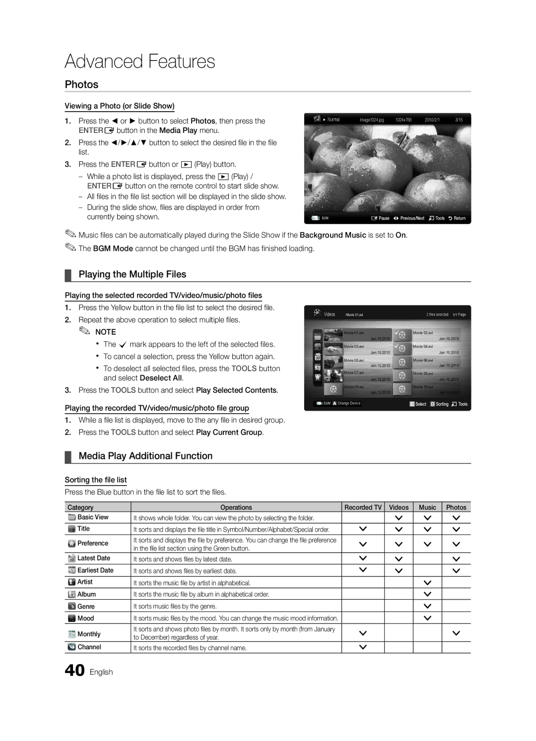 Samsung UC7000 user manual Photos, Playing the Multiple Files, Media Play Additional Function 