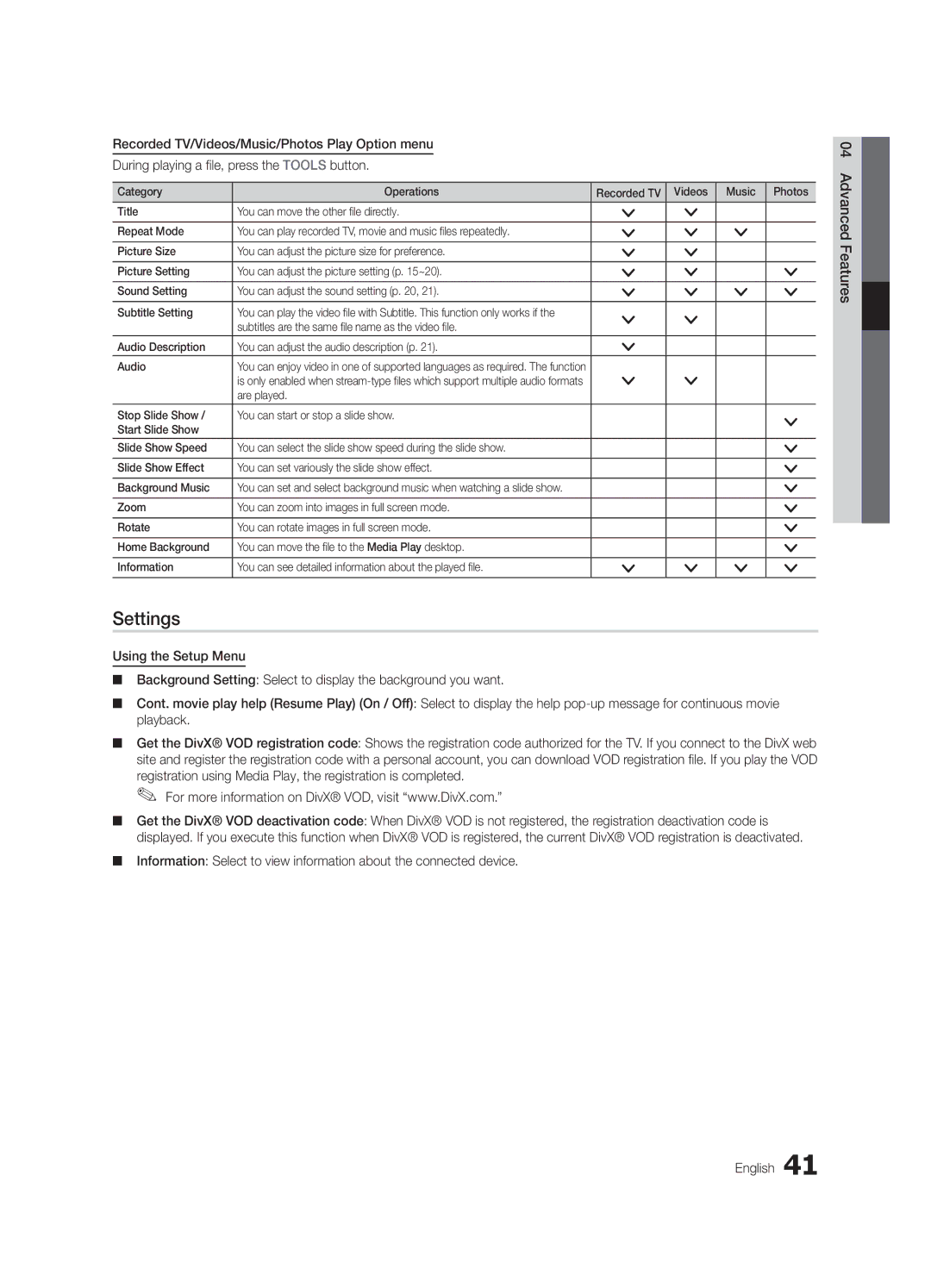 Samsung UC7000 user manual Settings 