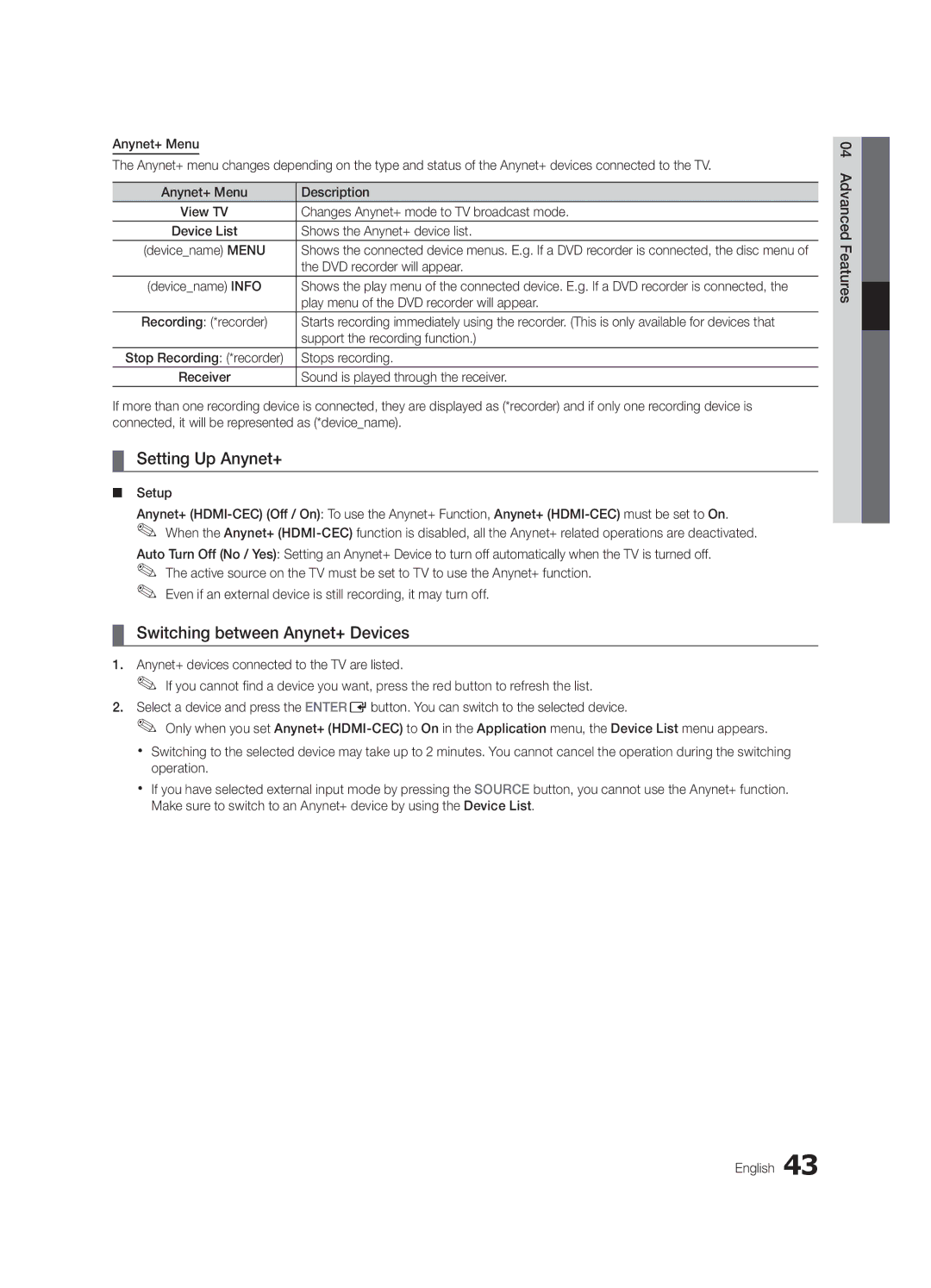 Samsung UC7000 user manual Setting Up Anynet+, Switching between Anynet+ Devices 