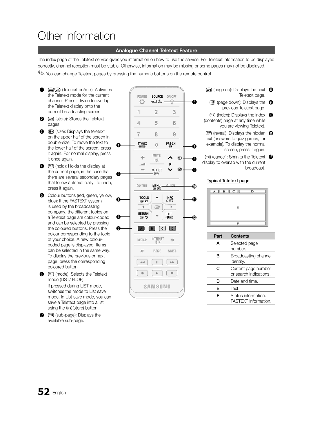 Samsung UC7000 user manual Analogue Channel Teletext Feature 