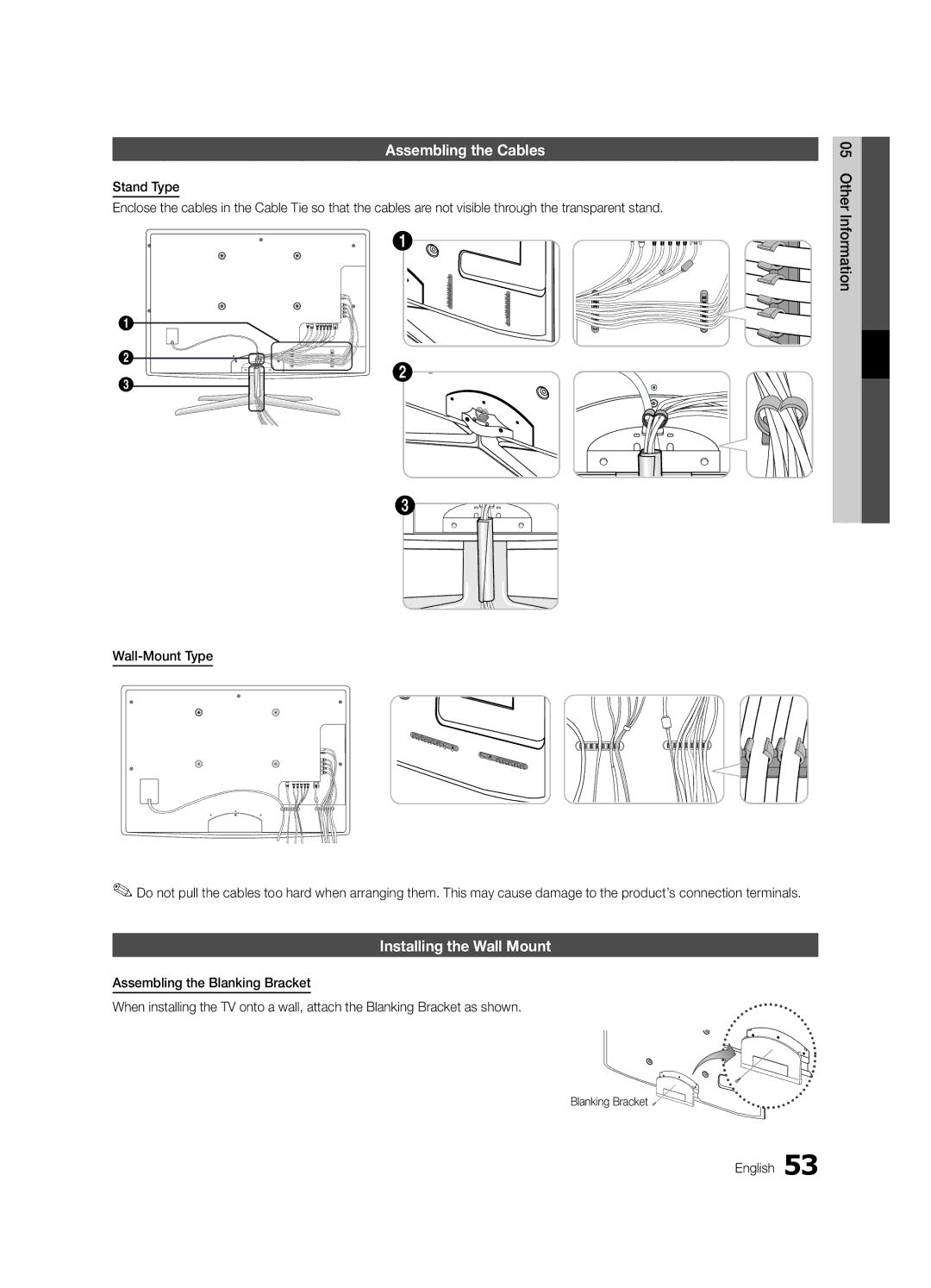 Samsung UC7000 user manual Assembling the Cables, Installing the Wall Mount, Blanking Bracket 