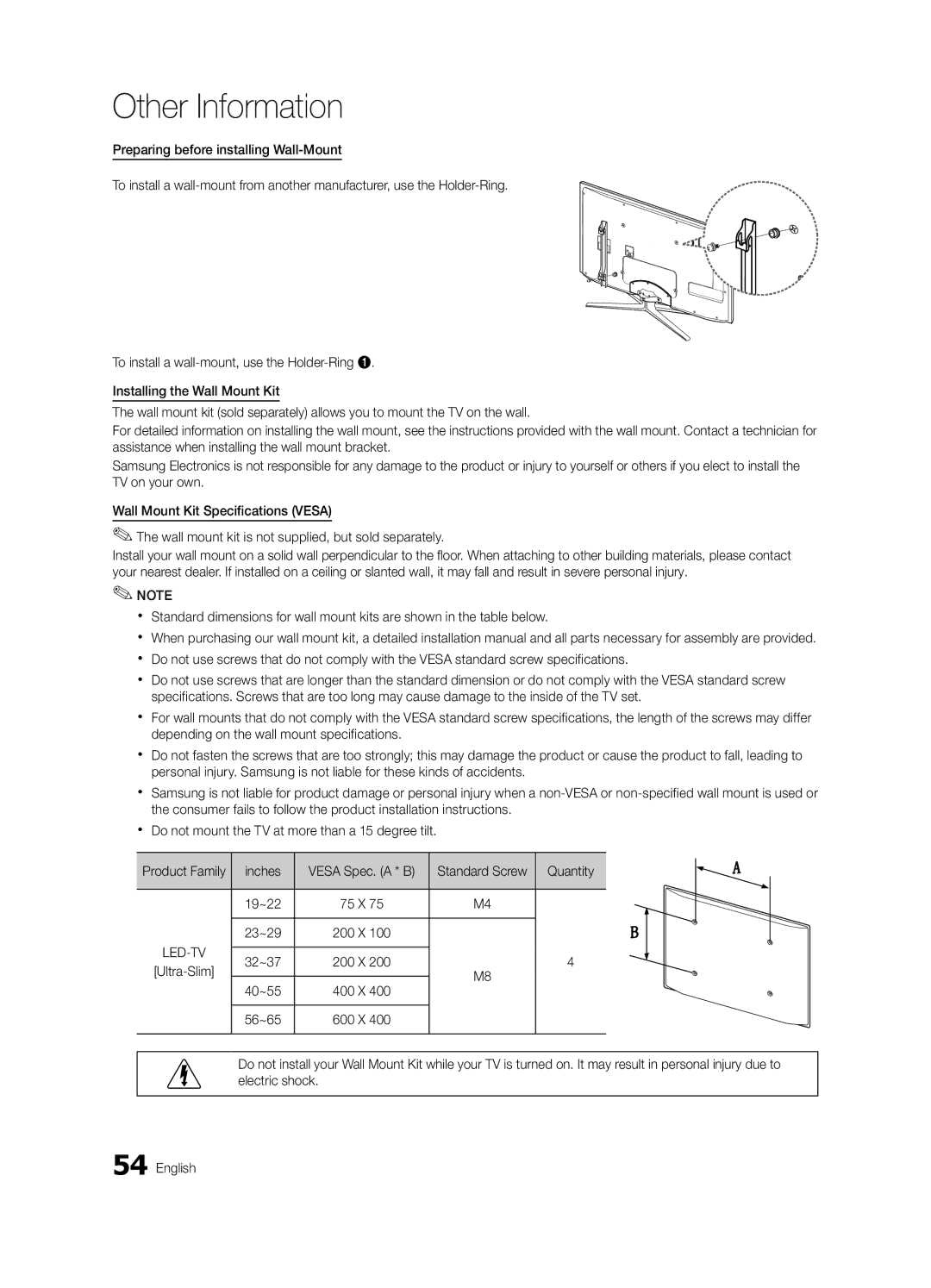 Samsung UC7000 user manual Inches, Quantity, 19~22, 23~29, 32~37, 40~55, 56~65 