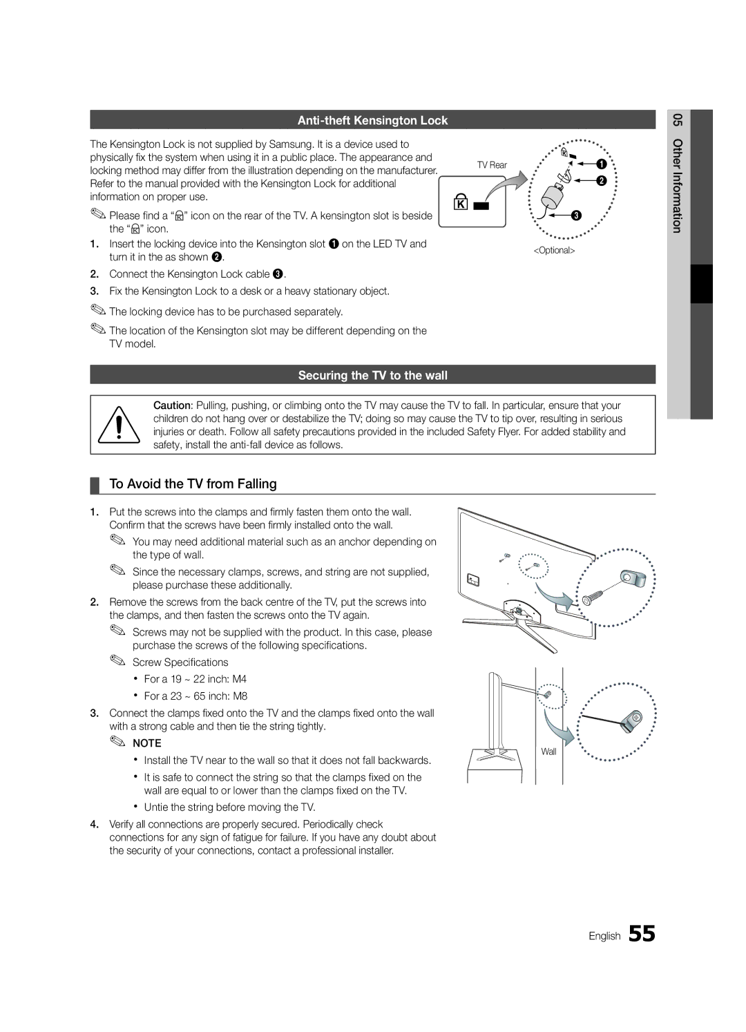 Samsung UC7000 user manual To Avoid the TV from Falling, Anti-theft Kensington Lock, Securing the TV to the wall 