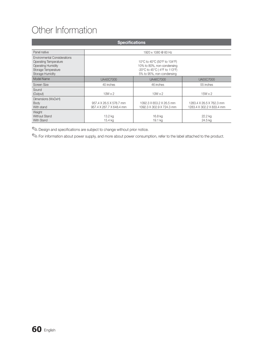 Samsung UC7000 user manual Specifications 